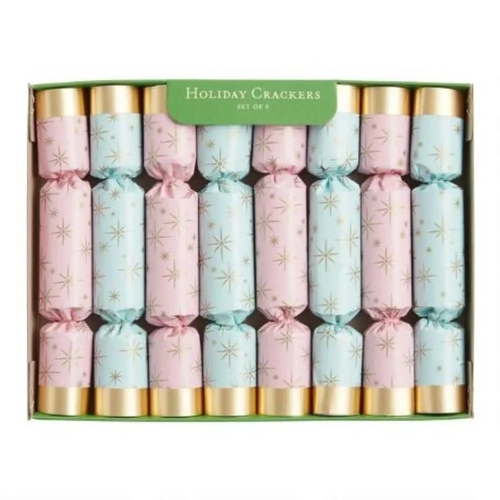World Market 8 Small Pink & Gold Star Crackers Poppers Christmas Holiday 6” NEW